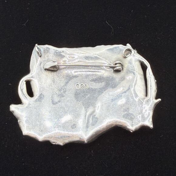 Sterling Silver 925 Leopard Cat Cougar Brooch Pin Pendant 2 Tone Large Puffy - Picture 4 of 7